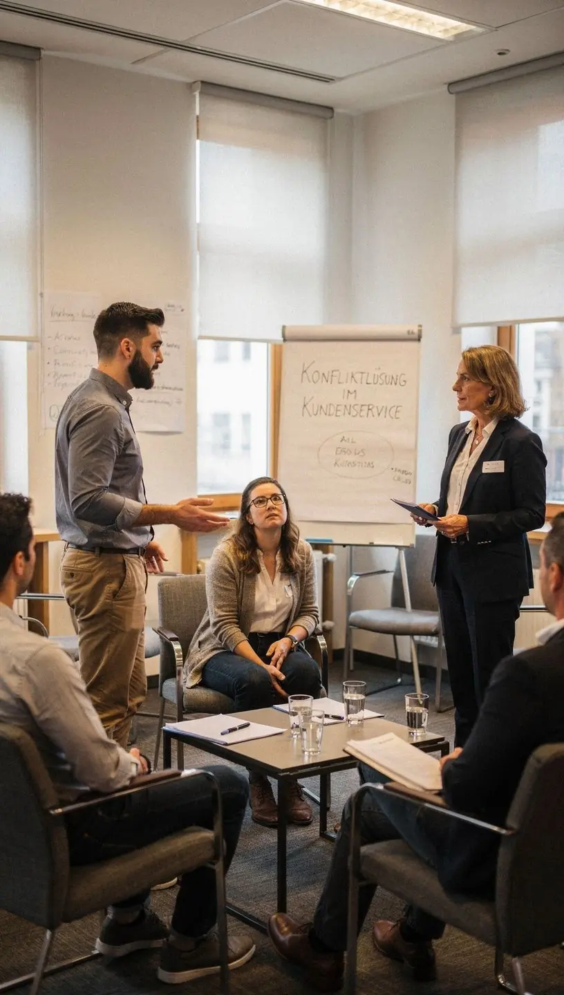 Ein Trainer, der eine Gruppe von Teilnehmern in einem Online-Workshop anleitet.