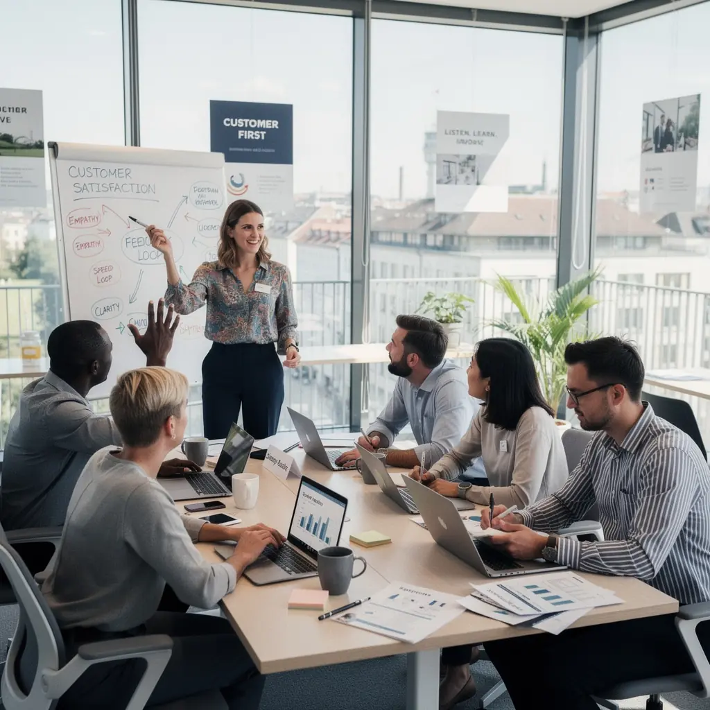 Ein Laptop, auf dem eine Online-Schulung zu Kundenzufriedenheit angezeigt wird.