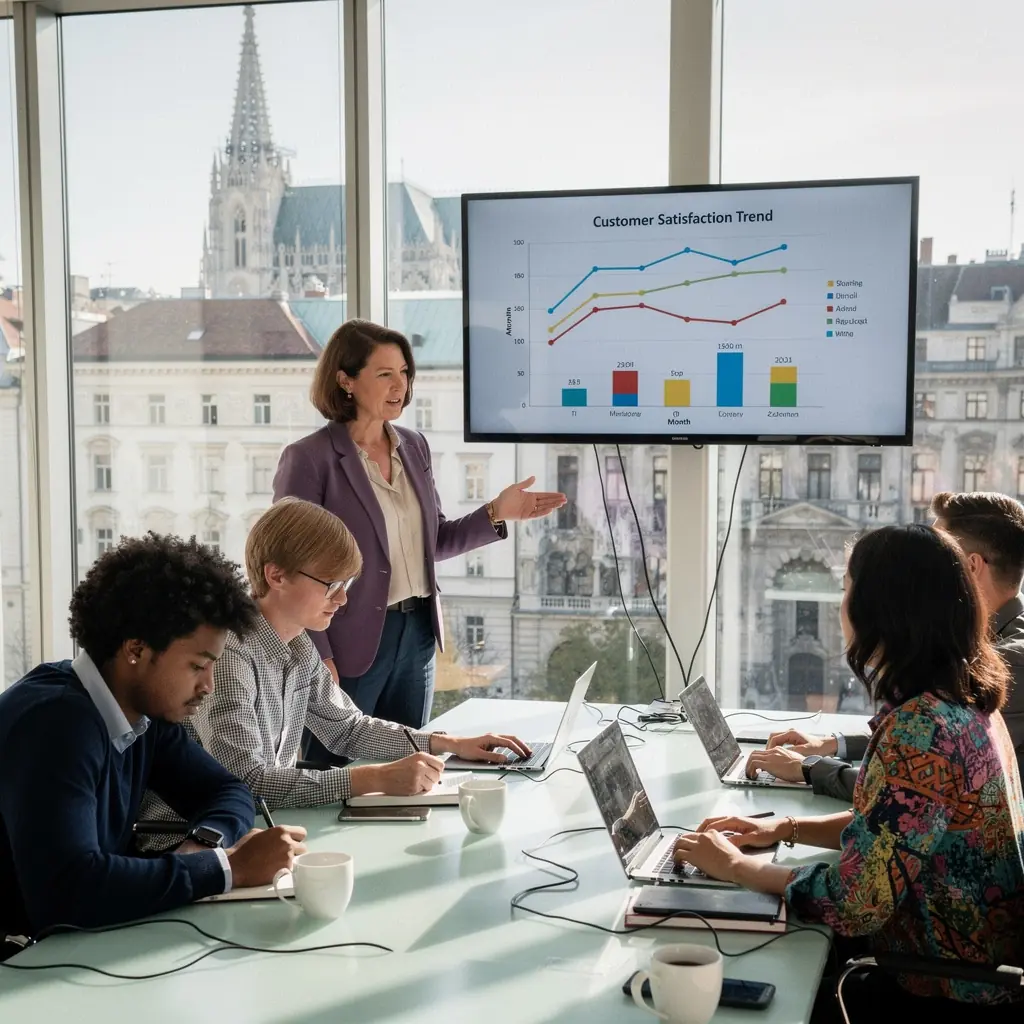 Ein Laptop, auf dem eine Online-Schulung zu Kundenzufriedenheit angezeigt wird.
